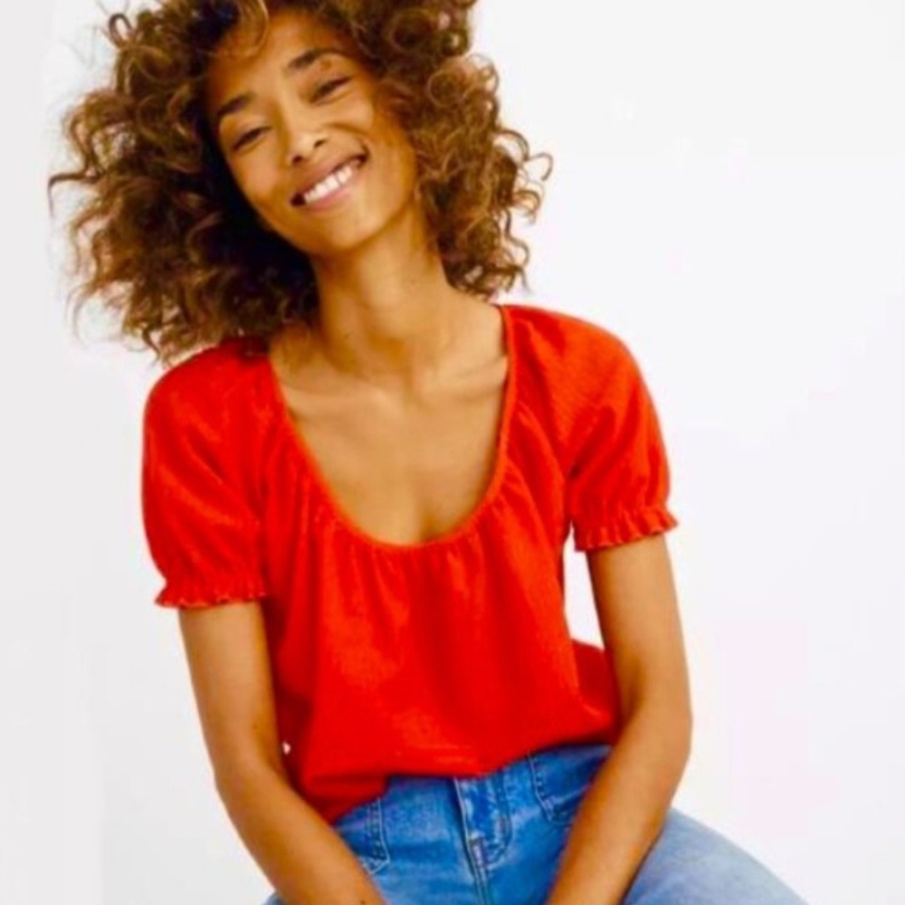 Madewell Texture & Thread Red Puff Sleeve‎ Scoop Neck Crinkle Knit Top Small